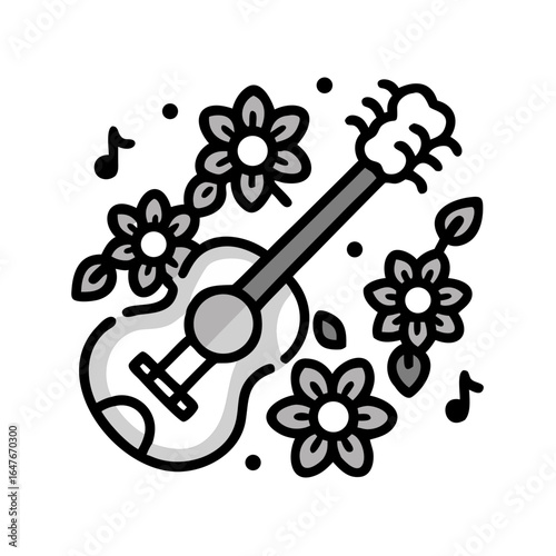 A whimsical cartoon illustration of a ukulele surrounded by flowers and notes