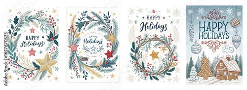 Festive holiday card designs with greenery, stars, and cheerful greetings in a whimsical style.