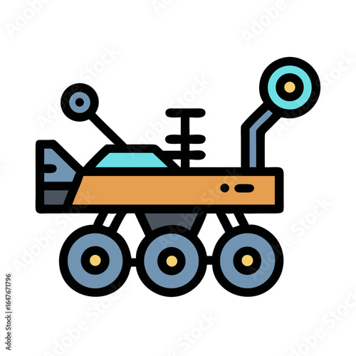 Stylized illustration of a rover exploring the surface of an alien planet