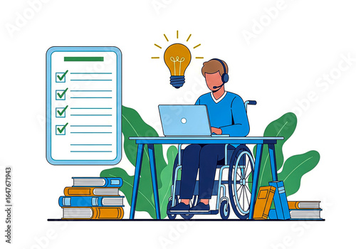 Person in wheelchair learning online with laptop and checklist
