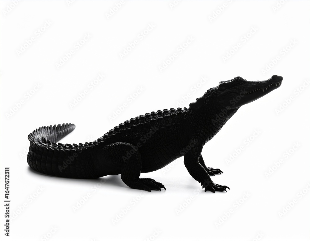 Obraz premium Black Alligator on Bright Background: A sleek, black alligator is captured in a moment of curiosity, its form silhouetted against a vivid, background.