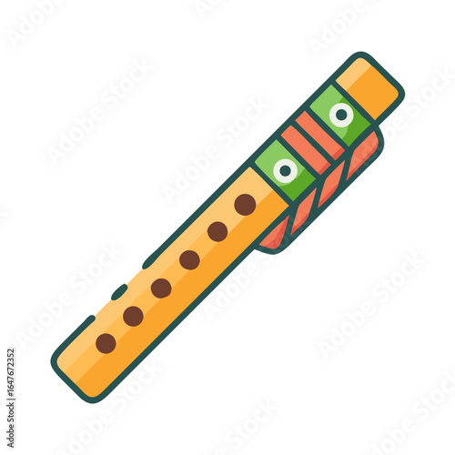 Cartoon Illustration of a Colorful Flute with geometric patterns and holes