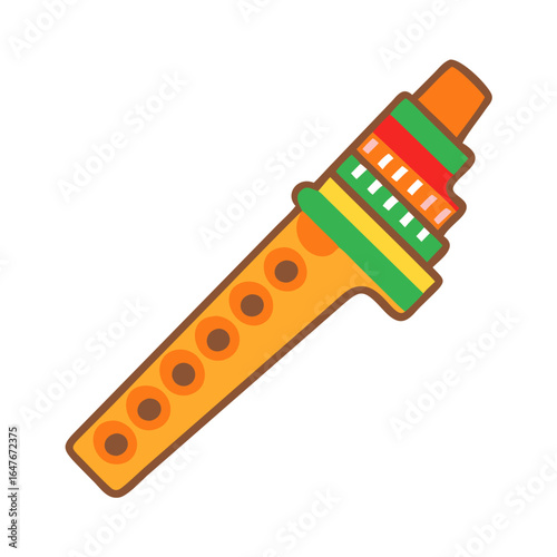 A cartoon illustration of a colorful Native American flute or recorder instrument