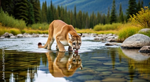 Cougar drinking from a crystal-clear mountain stream, a tranquil wilderness scene