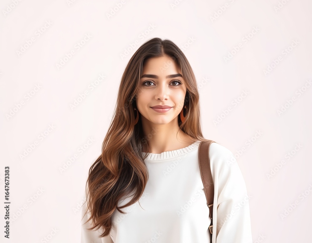 Portrait of a young woman with long brown hair and a white top Portrait of a young woman with long brown hair and a white top