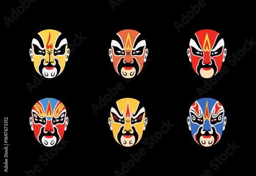 Set of traditional Chinese Peking opera masks. Detailed and colorful illustrations of famous face designs on a black background for culture and performance.