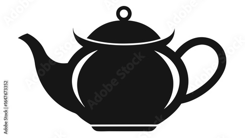 A black tea pot with a lid and handle. The handle is curved and the lid is shaped like a teapot