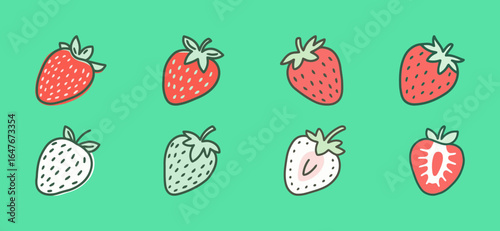 A collection of strawberry illustrations in different styles. Fresh, red, and juicy vector icons of strawberries, perfect for food and fruit-themed designs.