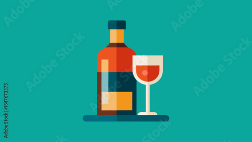 A bottle of wine and a wine glass are on a table. The bottle is green and the glass is red. Scene is relaxed and enjoyable, as it suggests a time for unwinding and enjoying a glass of wine