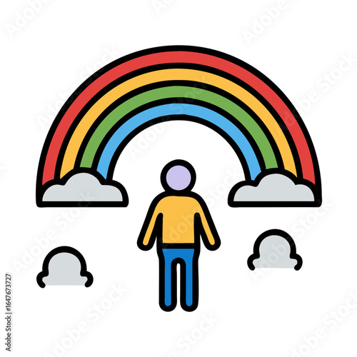 Person stands beneath a colorful rainbow with clouds, embodying hope and optimism