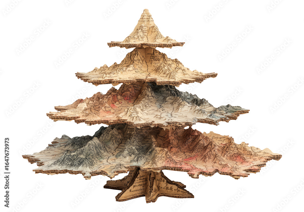 Fototapeta premium Layered Cardboard Map Tree Isolated on Transparent Background
