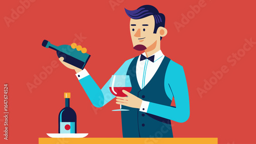 A man in a suit is holding a wine glass and a bottle of wine. He is smiling and he is enjoying himself. Concept of sophistication and elegance, as the man is dressed in a tuxedo