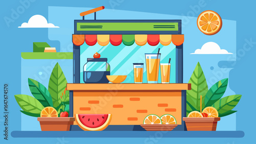 A colorful fruit stand with a variety of fruits and drinks. The stand is located in a sunny area with a view of the sky