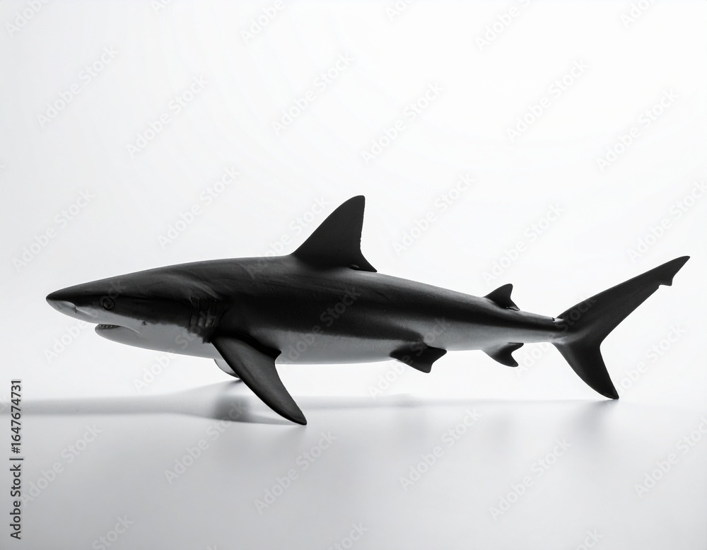 Obraz premium Apex Predator in Silhouette: A striking image captures the sleek form of a shark in a minimalist, high-contrast studio shot, showcasing the creature's powerful physique.