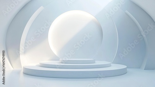 Minimalist white 3D geometric shapes floating on matte background with dynamic lighting and modular grid zone, for premium product display, digital advertising, and brand visual design