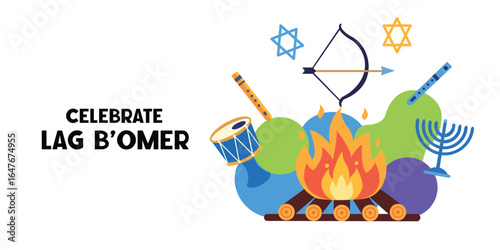 Lag B’Omer Celebration Illustration – Bonfire, Bow and Arrow, Drum, Menorah, Jewish Holiday Vector
