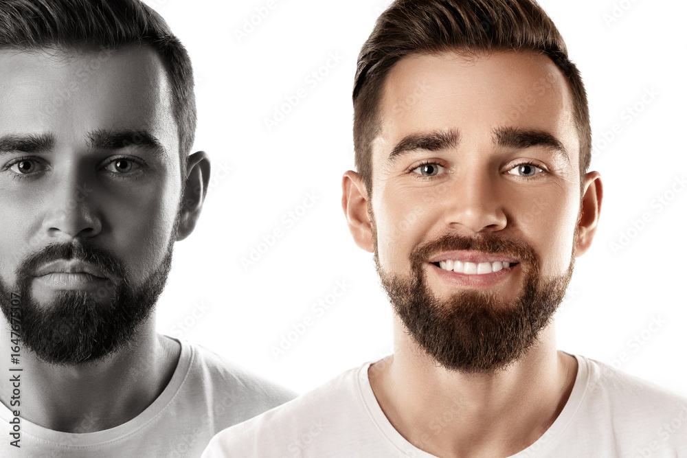 Fototapeta premium Smiling Man Overcoming Depression and Addiction with Past Self in Background