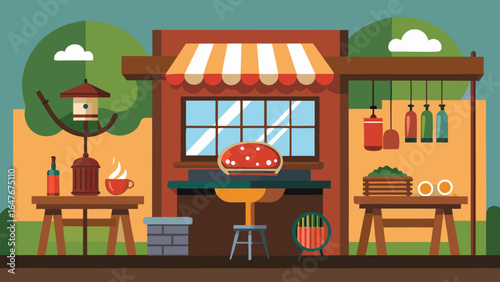 A cartoon drawing of a restaurant with a pizza oven and a counter with a pizza on it. There are also a few bottles and a bird feeder in the background