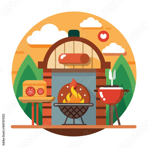 A cartoon drawing of a restaurant with a pizza oven and a counter with a pizza on it. There are also a few bottles and a bird feeder in the background