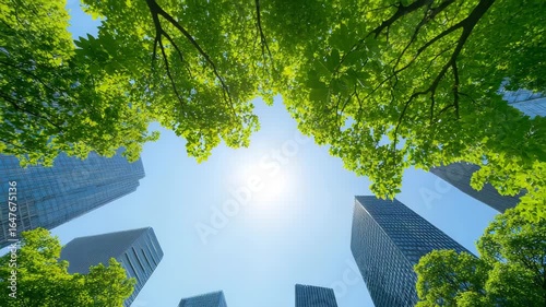 Urban Greenery: Sustainable Cityscape, Bright Sunlight, Lush Foliage