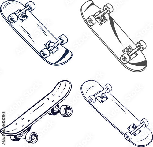 Vintage skateboard vector illustrations. Minimalist hand-drawn retro skateboard designs. Clean and graphic skate art.
