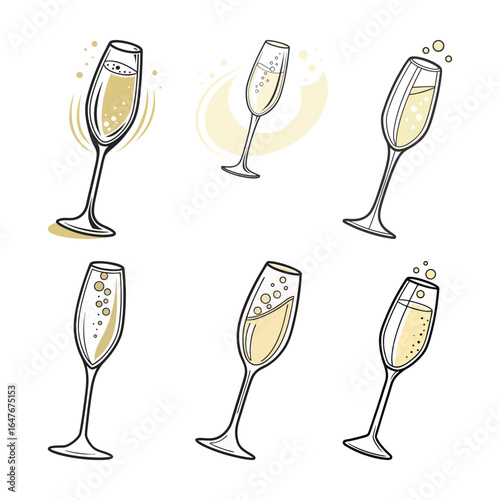 Watercolor champagne flute illustrations. Festive and elegant celebratory drink sketches. Delicate ink and wash vector art.