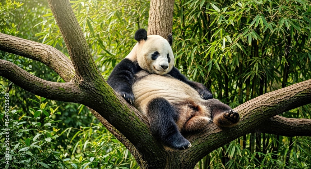 Obraz premium Giant panda lounging comfortably on a thick tree branch, lazy and cute