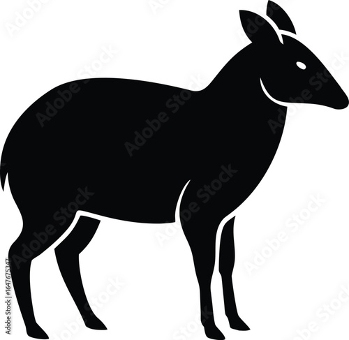 Japanese serow animal silhouette side profile with short horns and stocky build isolated on white background for mountain wildlife design