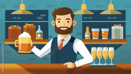 A man with a beard is holding a mug of beer and smiling. He is surrounded by three other mugs of beer