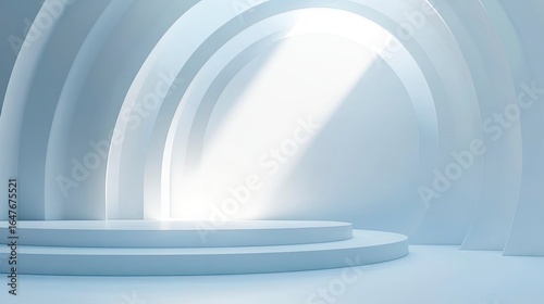 Minimalist white 3D geometric shapes floating on matte background with dynamic lighting and modular grid zone, for premium product display, digital advertising, and brand visual design