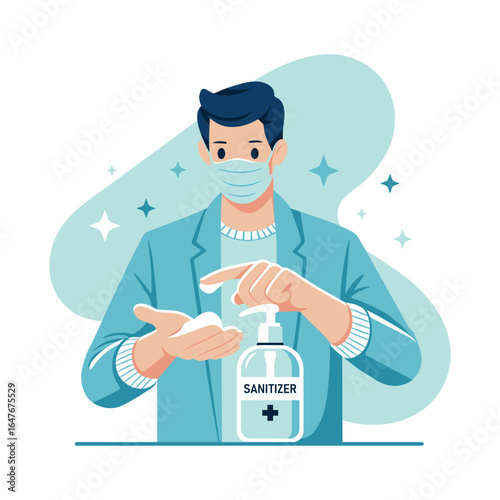 Keep hands clean disinfection concept. Man disinfecting hands with wearing a mask. Using antiseptic gel to clean hands and prevent germs. Applying a moisturizing sanitizer. Flat vector illustration.