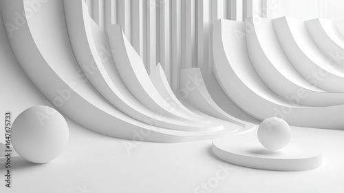 Minimalist white 3D geometric shapes floating on matte background with dynamic lighting and modular grid zone, for premium product display, digital advertising, and brand visual design