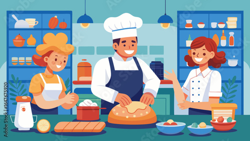 A man in a chef's hat is preparing food in a kitchen with two women. Scene is cheerful and inviting, as the three people seem to be enjoying themselves while cooking