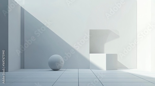 Minimalist white 3D geometric shapes floating on matte background with dynamic lighting and modular grid zone, for premium product display, digital advertising, and brand visual design