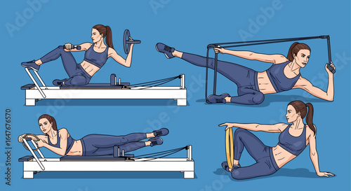 Pilates reformer exercises woman training on machine