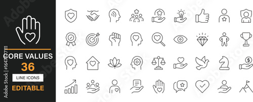 Core values 36 editable line icons set. Integrity, honesty, respect, trust, responsibility, accountability, transparency, teamwork and solid icons.