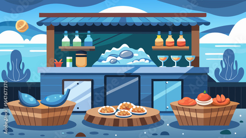 A colorful food stand with a red and white awning. The stand is filled with a variety of fruits and vegetables, including oranges, apples, and nuts. There are also several potted plants