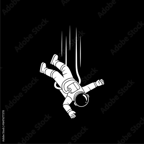 Astronaut free-falling in space, tether trailing, minimalist design.