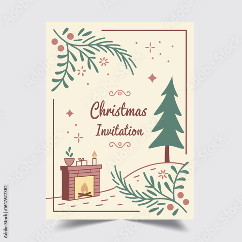 Christmas Invitation Template with Evergreen Branches and Berries - Cozy Holiday Party Card Design with Christmas Tree and Fireplace in Muted Green Red Colors