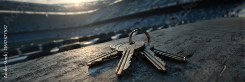 Keys resting on a wooden surface in an empty stadium during golden hour light