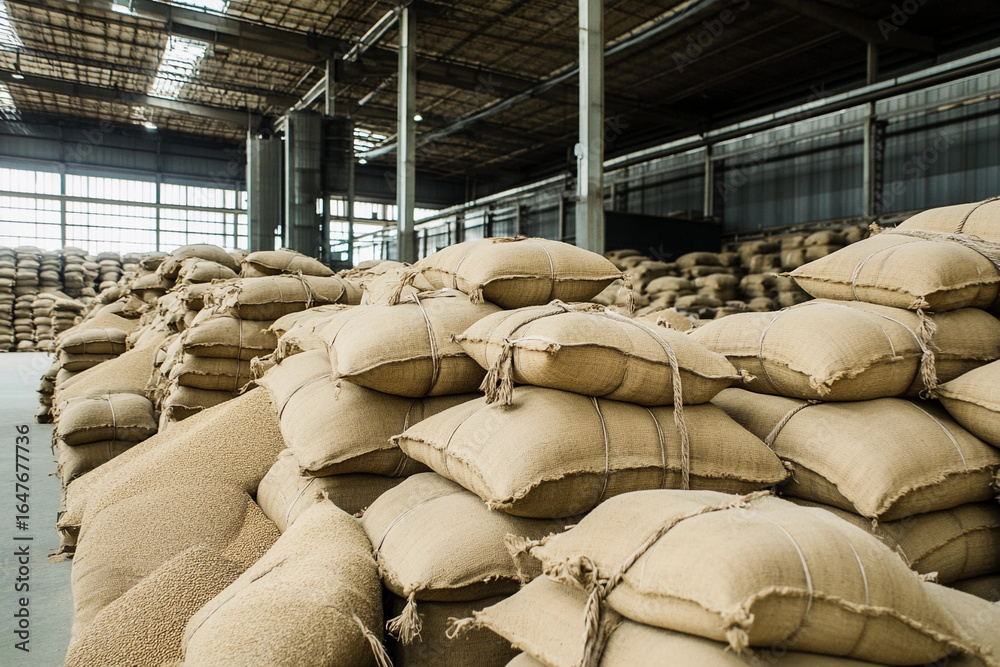 Fototapeta premium Warehouse filled with stacked burlap sacks of goods Generative AI