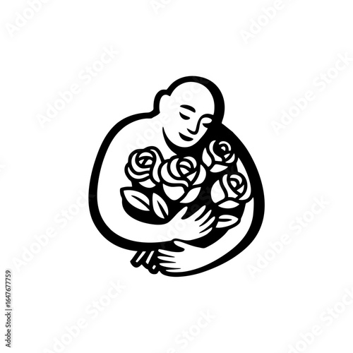 A stylized person embraces a bouquet of roses, expressing affection and happiness.