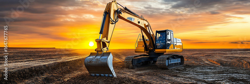 Yellow excavator operating at sunset in a construction site Generative AI