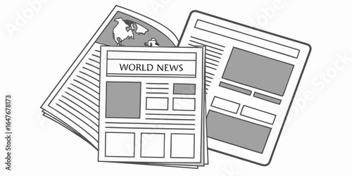Illustration of newspapers with world news headline isolated on white background