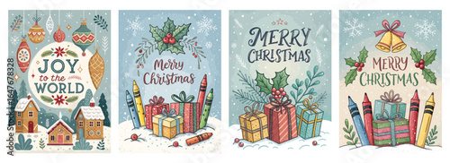 Colorful hand-drawn Christmas cards featuring festive decorations and cheerful messages.