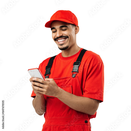 A man in a red shirt and hat is smiling while holding a cell phone