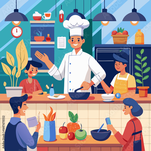 A chef is cooking in a kitchen with a group of people watching. The chef is smiling and he is enjoying himself. The people watching are standing around the kitchen