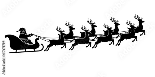 Santa Claus Sleigh with Seven Reindeer Silhouette Christmas Illustration