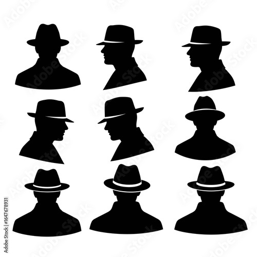 Collection of nine black silhouettes of men wearing fedora hats, shown from various angles.