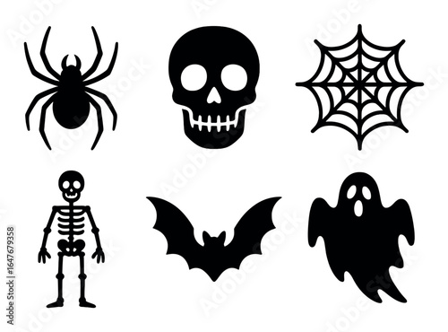 Spooky halloween icons: spider, skull, web, skeleton, bat, ghost silhouettes